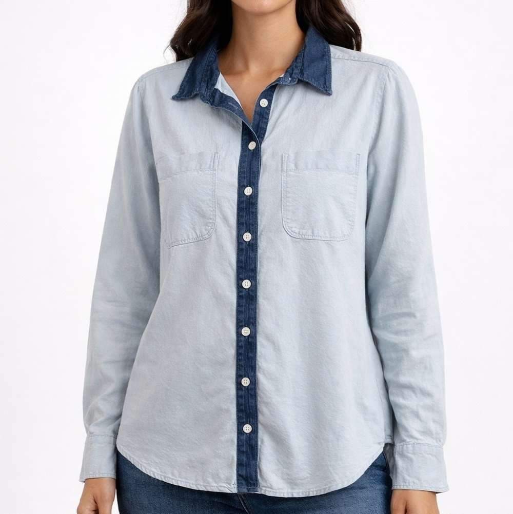 LOFT Contrast Collar Button Front Shirt Light Blue Navy Trim Women's Medium Work